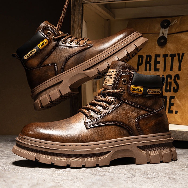 Leatherwork Boots - Vintage Heren Platform Enkellaarsjes Herfst Winter